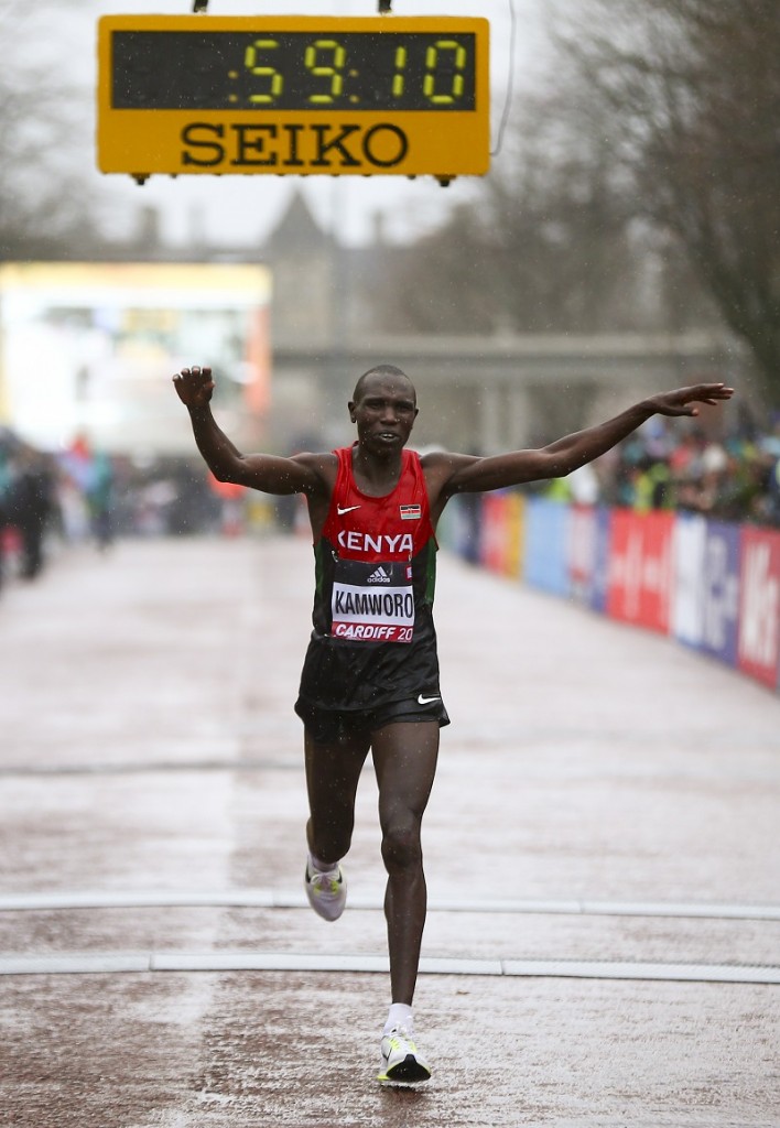 "CARDIFF, WALES - MARCH 26: Geoffrey Kipsang Kamworor of Kenya celebrates as he crosses the line to win the Men's Half Marathon during the IAAF/Cardiff University World Half Marathon Championships on March 26, 2016 in Cardiff, Wales. (Photo by Jordan Mansfield/Getty Images for IAAF)"